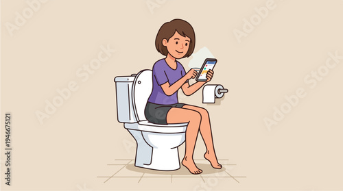 Woman Sitting on Toilet Using Smartphone 1.
