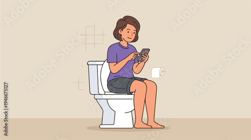 Woman Sitting on Toilet Using Smartphone.