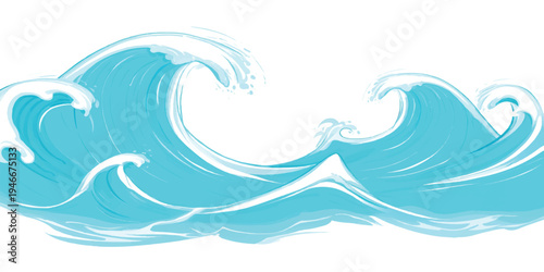 Stylized blue ocean waves with whitecaps and foam on white background with crashing wave with sea wave