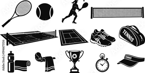 Tennis equipment and accessories icons including rackets balls courts and athletic gear