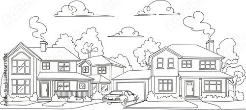 black and white illustration of houses with cars and trees and clouds