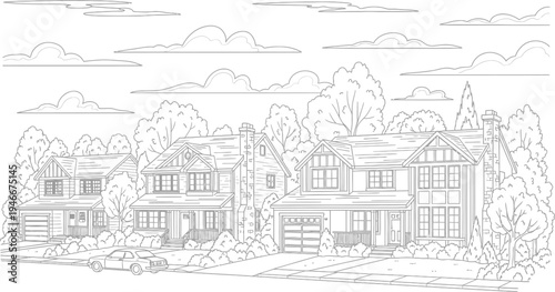 suburban neighborhood with houses and trees along a street  residential area with cloudy sky