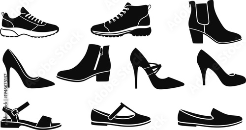 Collection of various types of shoes including sneakers boots heels sandals and loafers in black silhouettes on white background