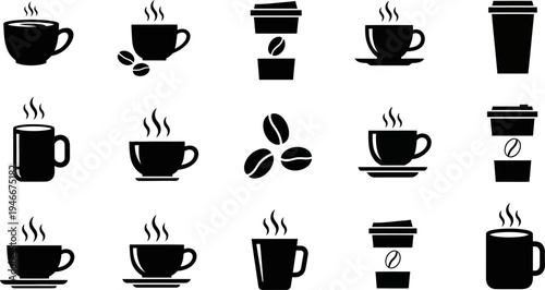 Set of coffee cups and beans icons in black silhouette on white background