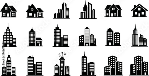 black and white city skyline icons with buildings and houses on white background