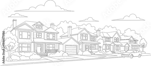 suburban neighborhood with houses and a car on a quiet street lined with trees and bushes under a cloudy sky