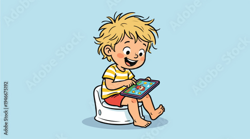 Young Boy Sitting on Potty Using Tablet Device.