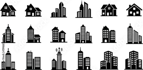 black and white cityscape icons set with various buildings and houses