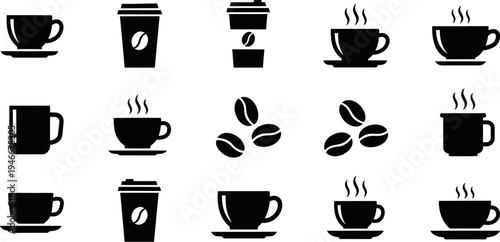 black silhouettes of various coffee cups and coffee beans on white background