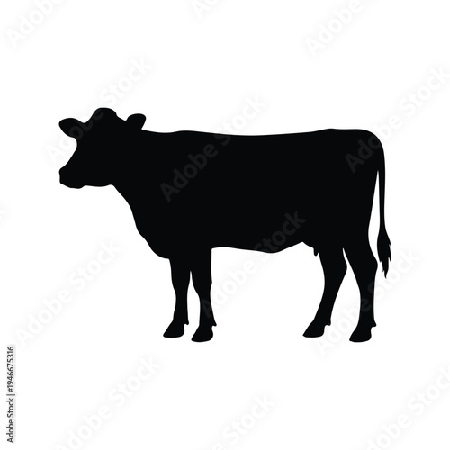 Simple black silhouette vector graphic illustration of a standing domestic cow seen from the side profile