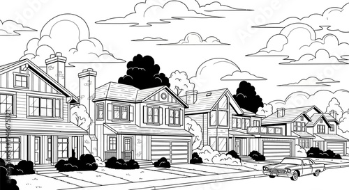 black and white illustration of a suburban street with houses and a car parked on the side of the road in a quiet neighborhood scene