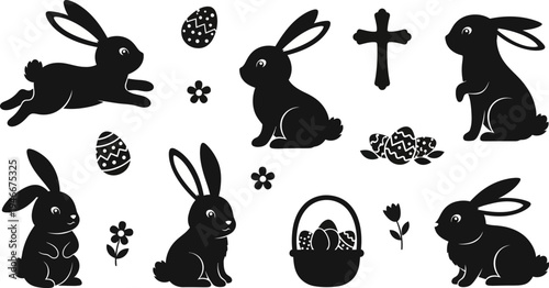 Easter themed black silhouettes of rabbits and eggs on white background