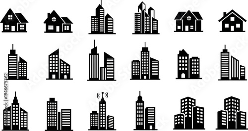 black and white silhouette cityscape icons of buildings and houses in various urban settings on white background