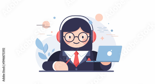 Animated character in suit with headphones and laptop, working diligently