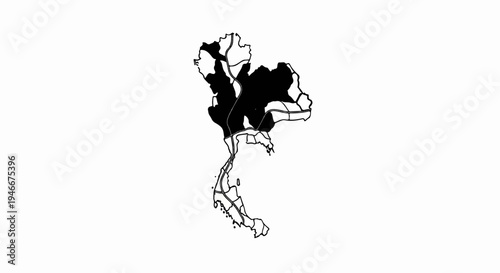 Abstract map outline of a country with filled black regions and thin lines