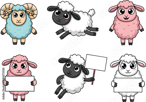 Cartoon Sheep Characters in Various Colors and Poses with Blank Signs for Farm, Animals, and Kids Illustration Graphics