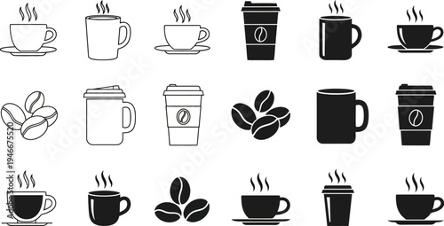 black and white coffee cups and beans icons in various styles and formats for design use