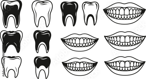 black and white illustrations of teeth and smiling lips in various expressions and styles for dental or oral health concepts