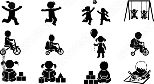 Black silhouettes of children playing and learning activities on white background