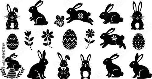 Black silhouettes of rabbits eggs and flowers on white background for Easter holiday decoration