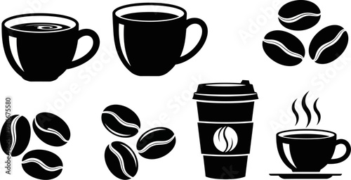 black and white coffee cups and coffee beans collection on white background