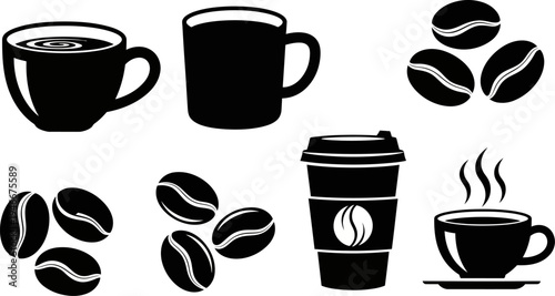 black and white coffee cups and beans on white background