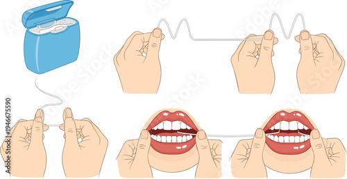 Cartoon Teeth Flossing with Dental Care, Hygiene, and Oral Health Illustration Graphics