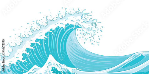 Detailed blue ocean waves with white foam and spray, illustration style, crashing wave, sea wave
