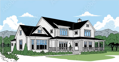 A two-story white house with a porch and dark roof, set against mountains