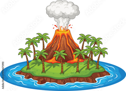 Cartoon Volcanic Island with Erupting Volcano and Palm Trees for Nature, Adventure, and Geology Illustration Graphics