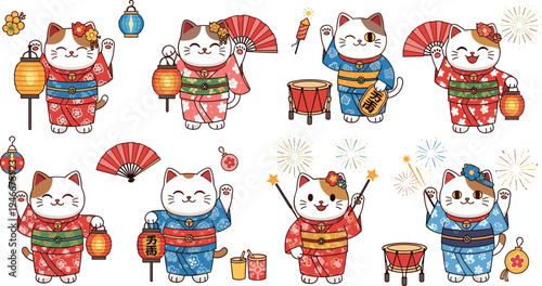 Cute lucky cat festival collection wearing kimono with lantern fan fireworks Japanese maneki neko mascot cartoon vector illustration set
