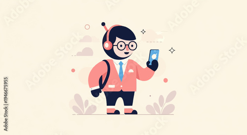 Animated character in suit with headphones and smartphone