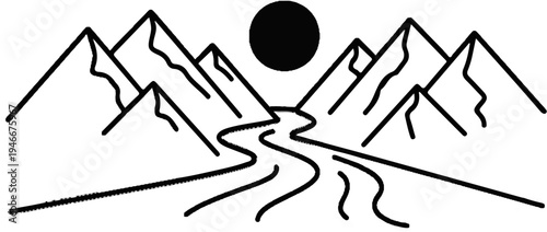 Abstract mountains with a winding river flowing towards a black sun