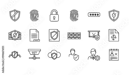 Cyber Security Protection Line Icons Set Shield Lock Privacy Vector Illustration