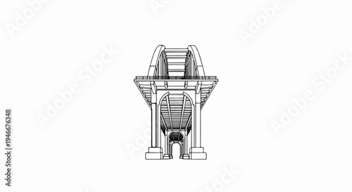 A symmetrical, outlined drawing of a multi-tiered arched bridge structure