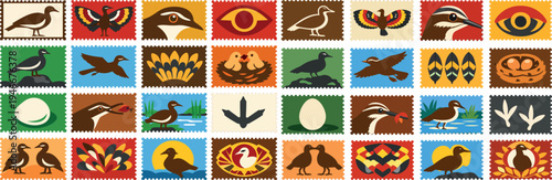 Sunbittern Bird and Wildlife Stamp Icon Set Tropical Nature Collection