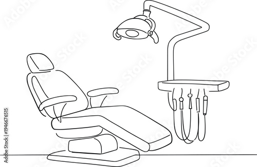 Dental Clinic Chair Illustration, Dentist Equipment Medical Line Art Vector.