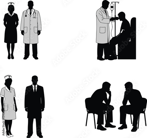 Doctor and nurse illustration, patient care, IV drip, medical consultation, healthcare teamwork, hospital staff, professional medicine, treatment, support, clinical discussion