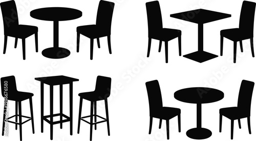 Dining table illustration, furniture design, seating arrangement, round table, square table, bar-height chairs, interior layout, home decor, modern style