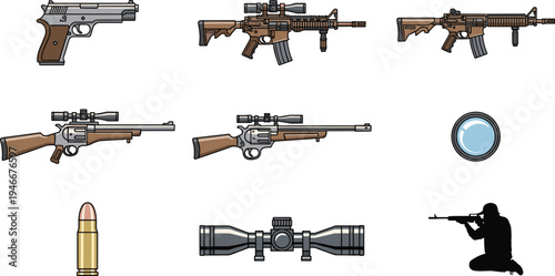 Firearms illustration collection, pistol, assault rifle, sniper rifle, revolver rifle, bullet cartridge, rifle scope, shooter silhouette, weapon accessories