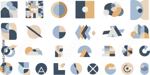 Abstract geometric shapes in muted pastels arranged in a grid