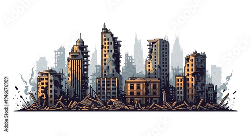 City Skyline with Damaged Buildings.