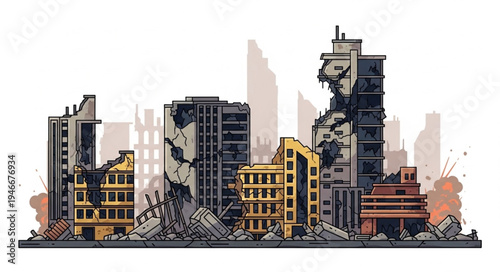 City Skyline with Damaged Buildings.