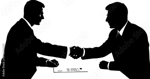 Silhouettes of two businessmen shaking hands in agreement over a document
