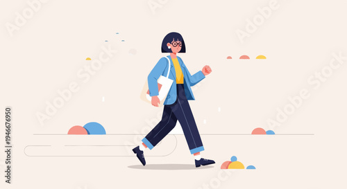 Animated character walks with a bag against a minimalist background