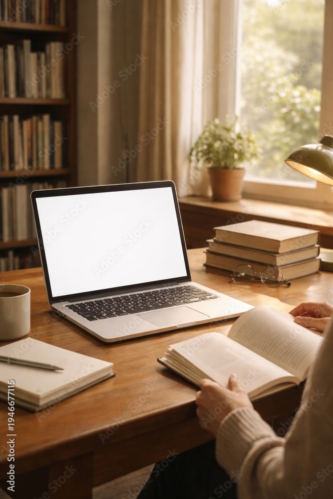 Fototapeta premium Cozy workspace with books, laptop.