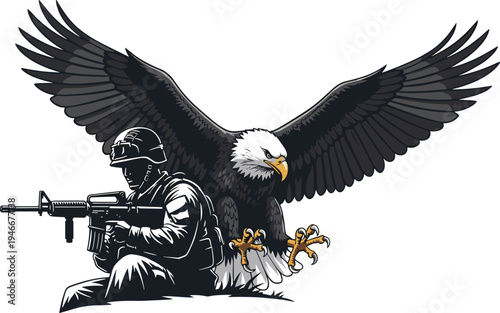 Soldier kneeling, combat gear, rifle, bald eagle, patriotic symbol, defense, strength, protection, military illustration, national pride, freedom, American hero