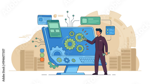 Man working on computer system development and maintenance with gears and UI elements.
