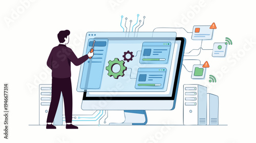 A person managing a complex computer system with software settings, progress bars, and network infrastructure.