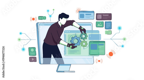 Developer working on software and system configuration within a digital interface, surrounded by web elements and data flows.